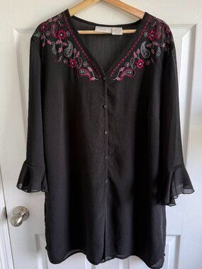 Worthington Women's Black Sheer Button Up Blouse Size 1X Paisley embroidery